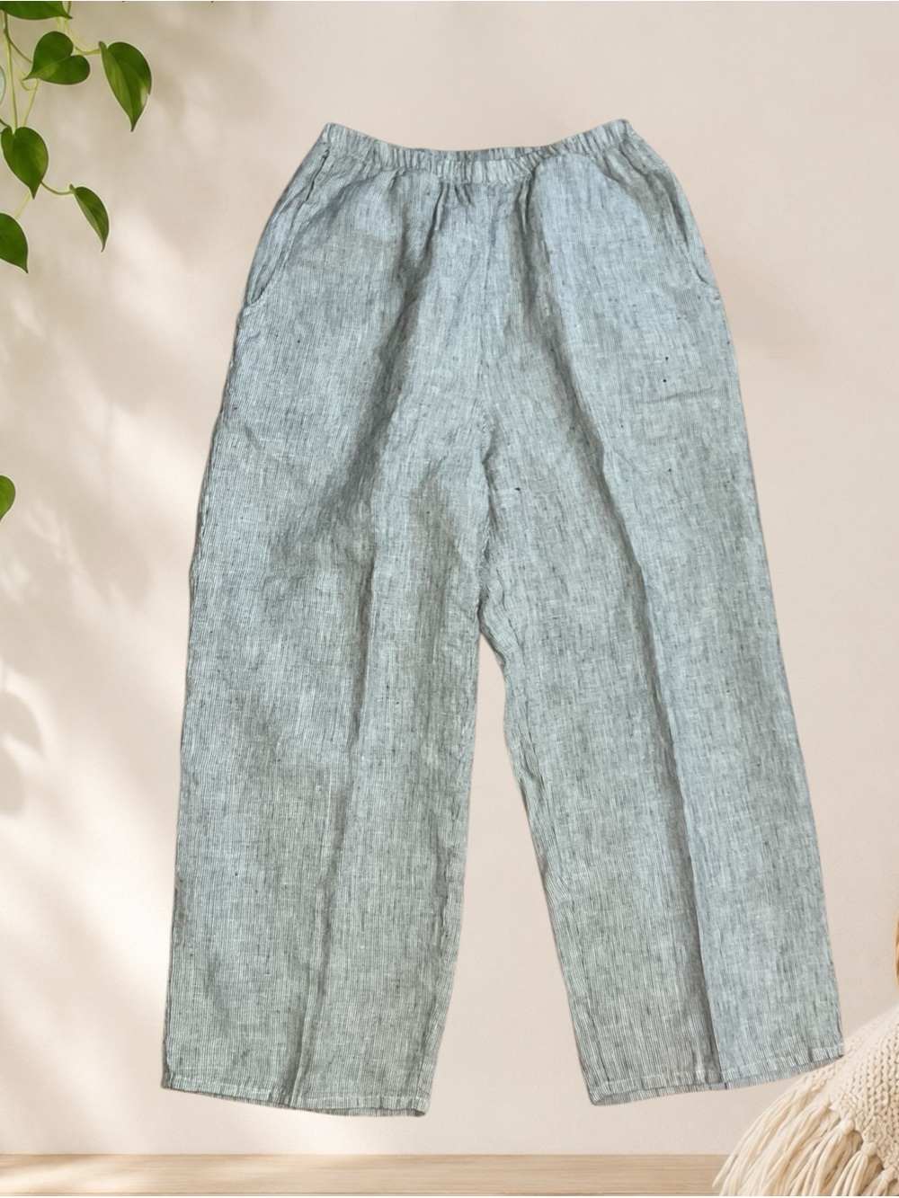 Flax 100% Linen Black and White Striped Elastic Waist Pants
